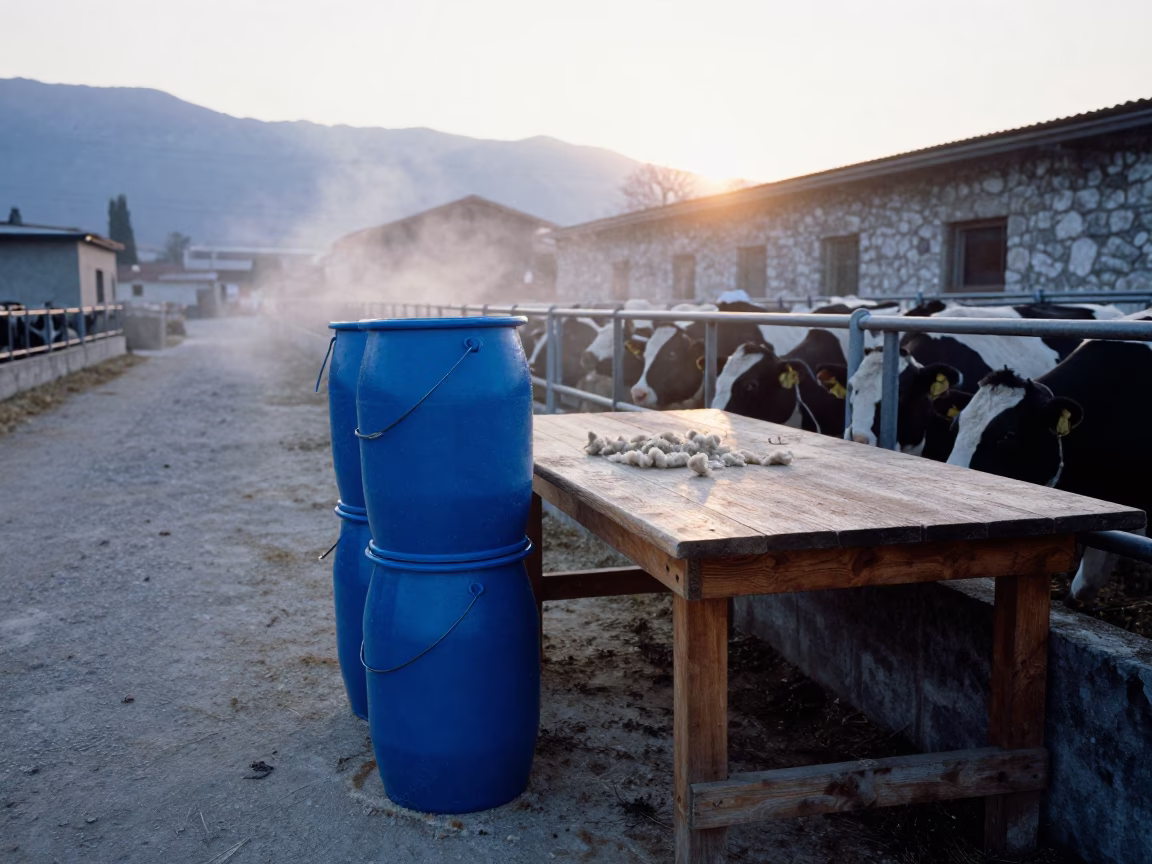 Wool Table and Buckets at Dawn in Albania in along a feedlot lane in Albania