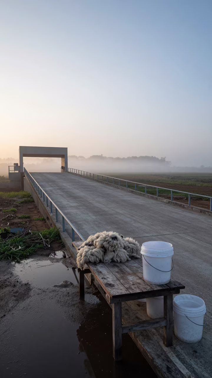 Wool Table and Buckets at Dawn in Ceará Stockyard in at a stockyard loading ramp in Ceará