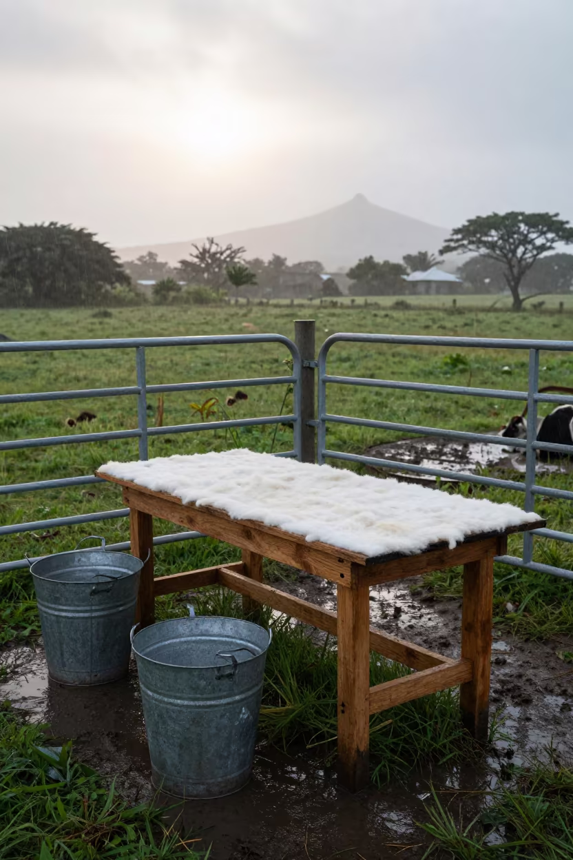 Wool Table and Buckets at Dawn in beside a pasture gate in Mauritius