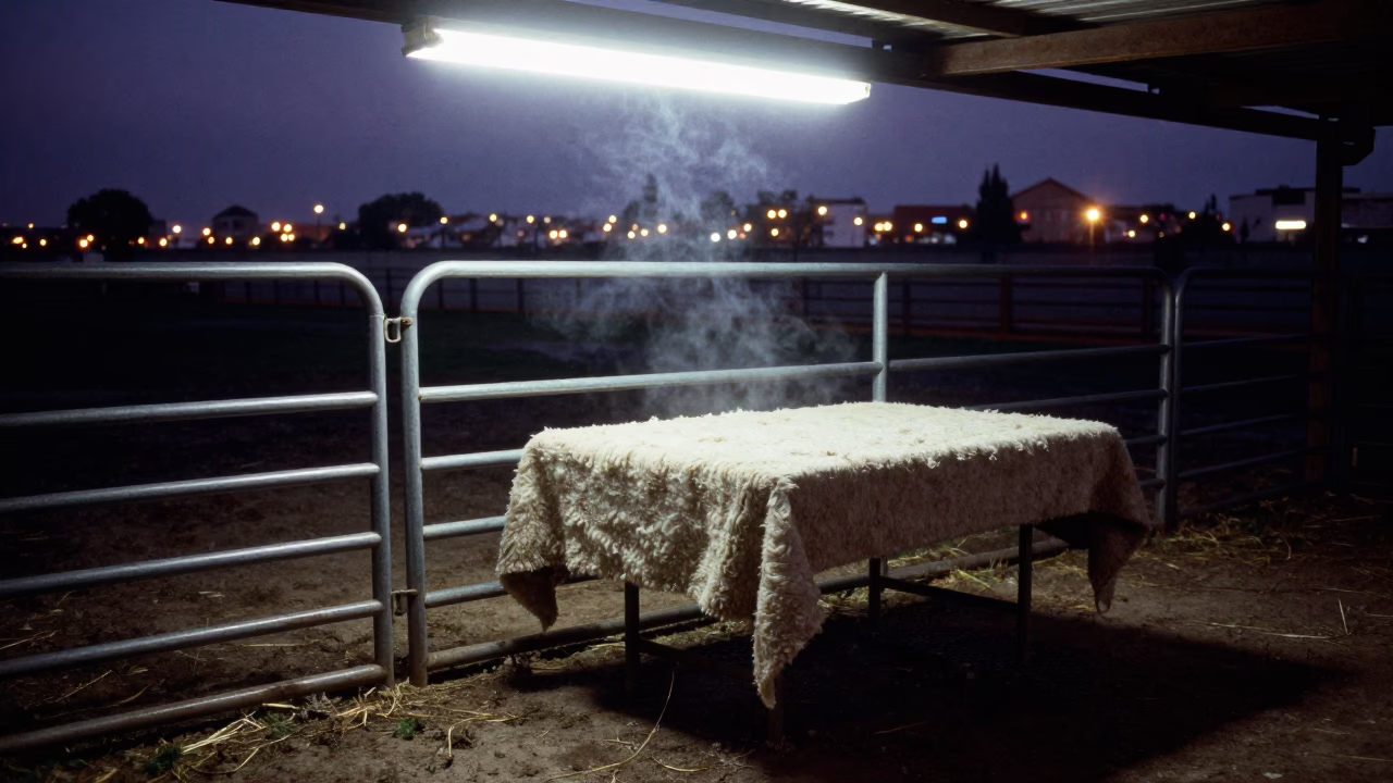Wool Table and Gates Under City Glow in along a muddy paddock fence in Uruguay