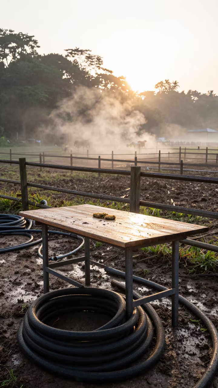 Wool Table and Hoses in Borneo Monsoon Dawn in along a muddy paddock fence in Borneo