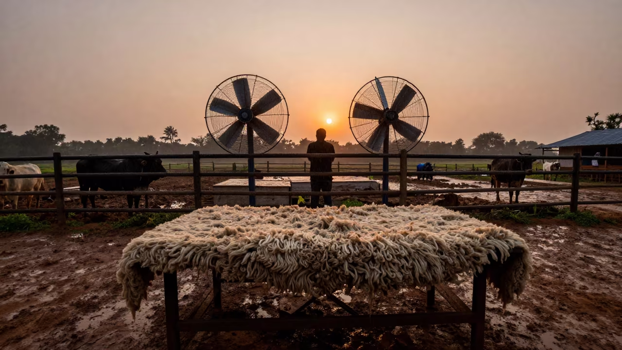 Wool Table Silhouetted by Evening Light in Odisha Barn in along a muddy paddock fence in Odisha