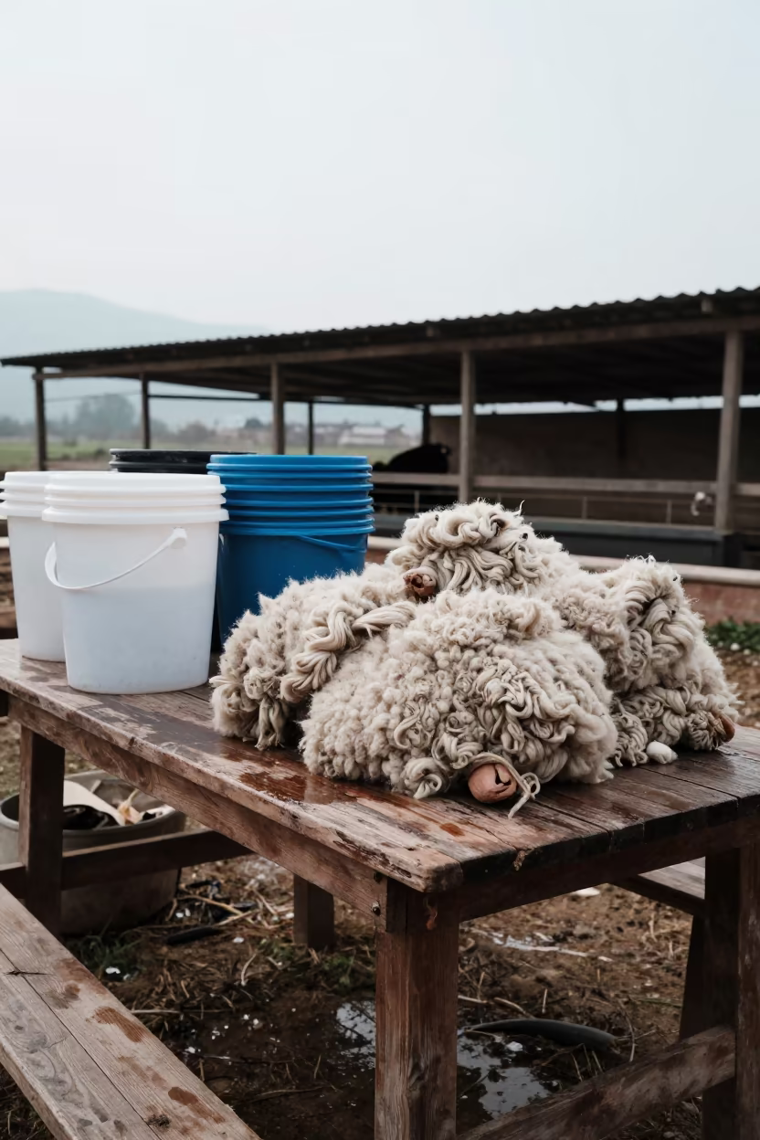 Wool Table Stacked Buckets Yunnan Farm in near a windbreak and water trough in Yunnan