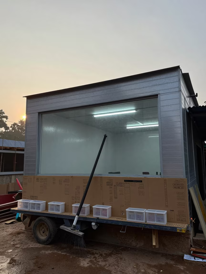 Work Cartons Outside Odisha Building Shell in beside a framed building shell in Odisha
