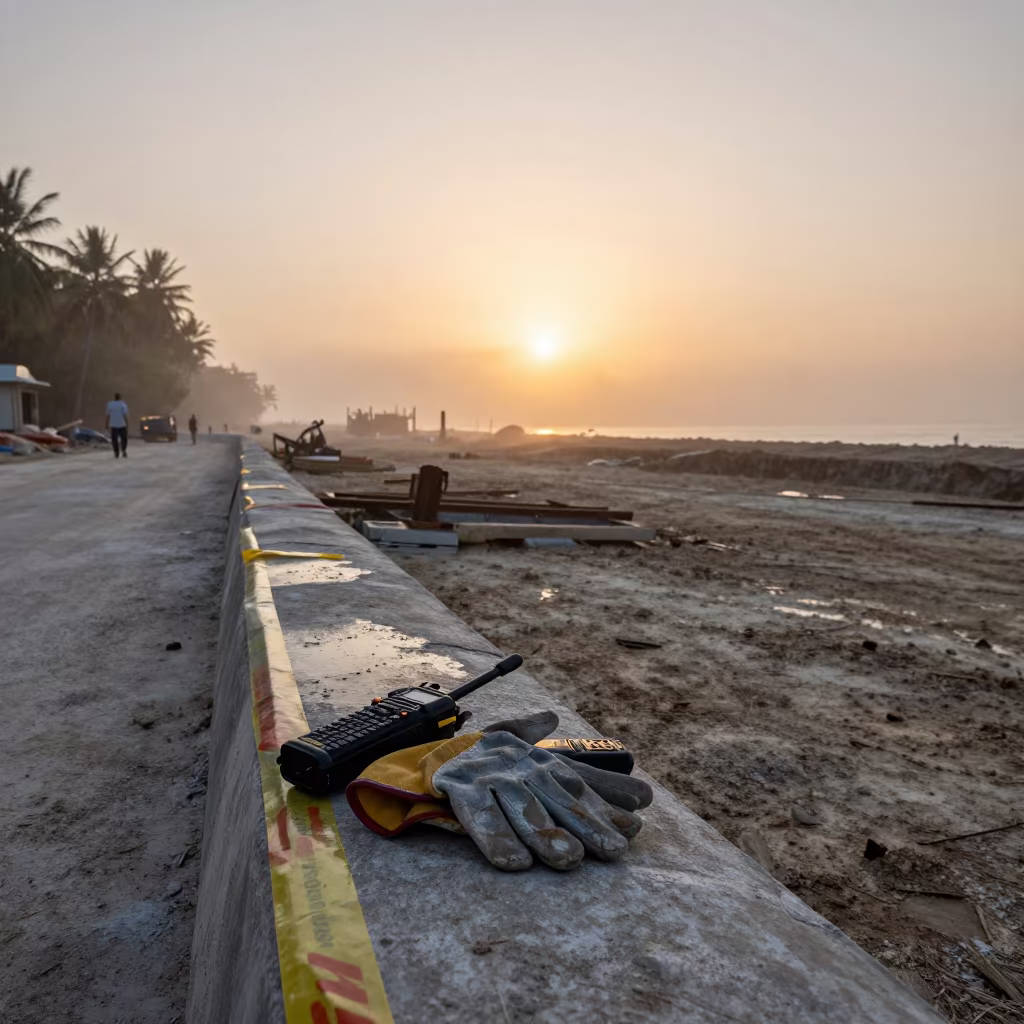 Work Gear at Sunset Misty Maldives Curb in inside a taped-off excavation edge in Maldives