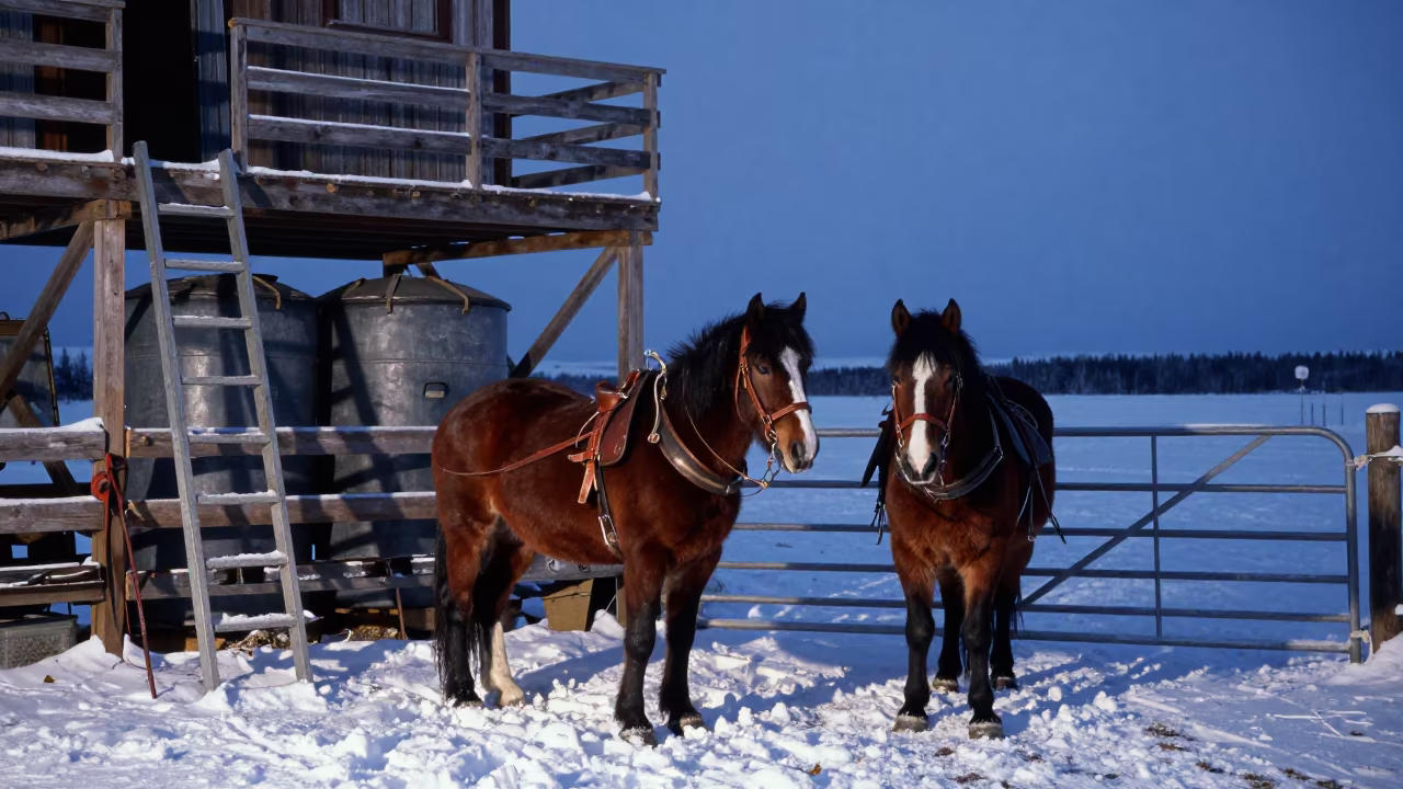 Work Horses in Drifting Snow Near Alaska Pasture Gate in beside a pasture gate in Alaska