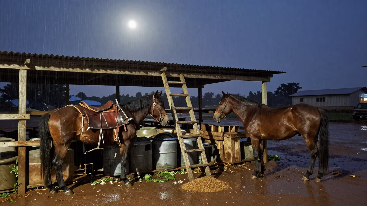 Work Horses Moonlight Rain Cameroon Stockyard in at a stockyard loading ramp in Cameroon