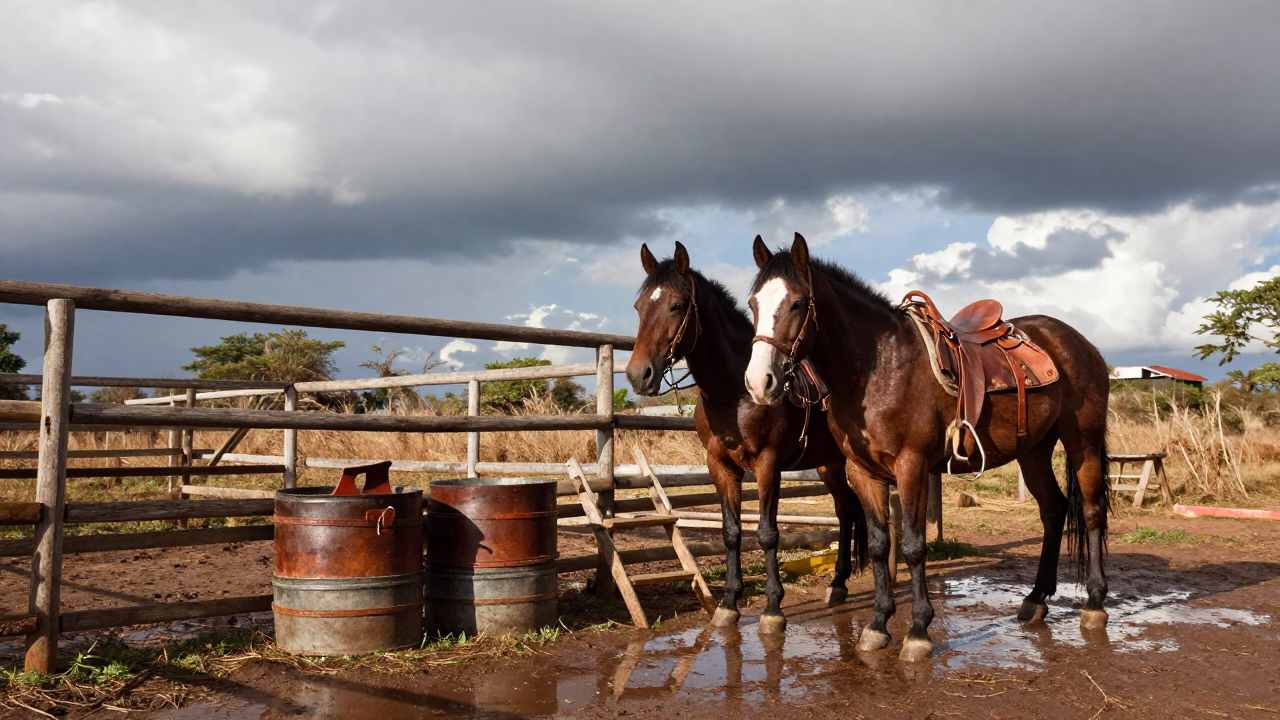 Work Horses in Ranch Corral After Storm in inside a ranch corral in Amazonas