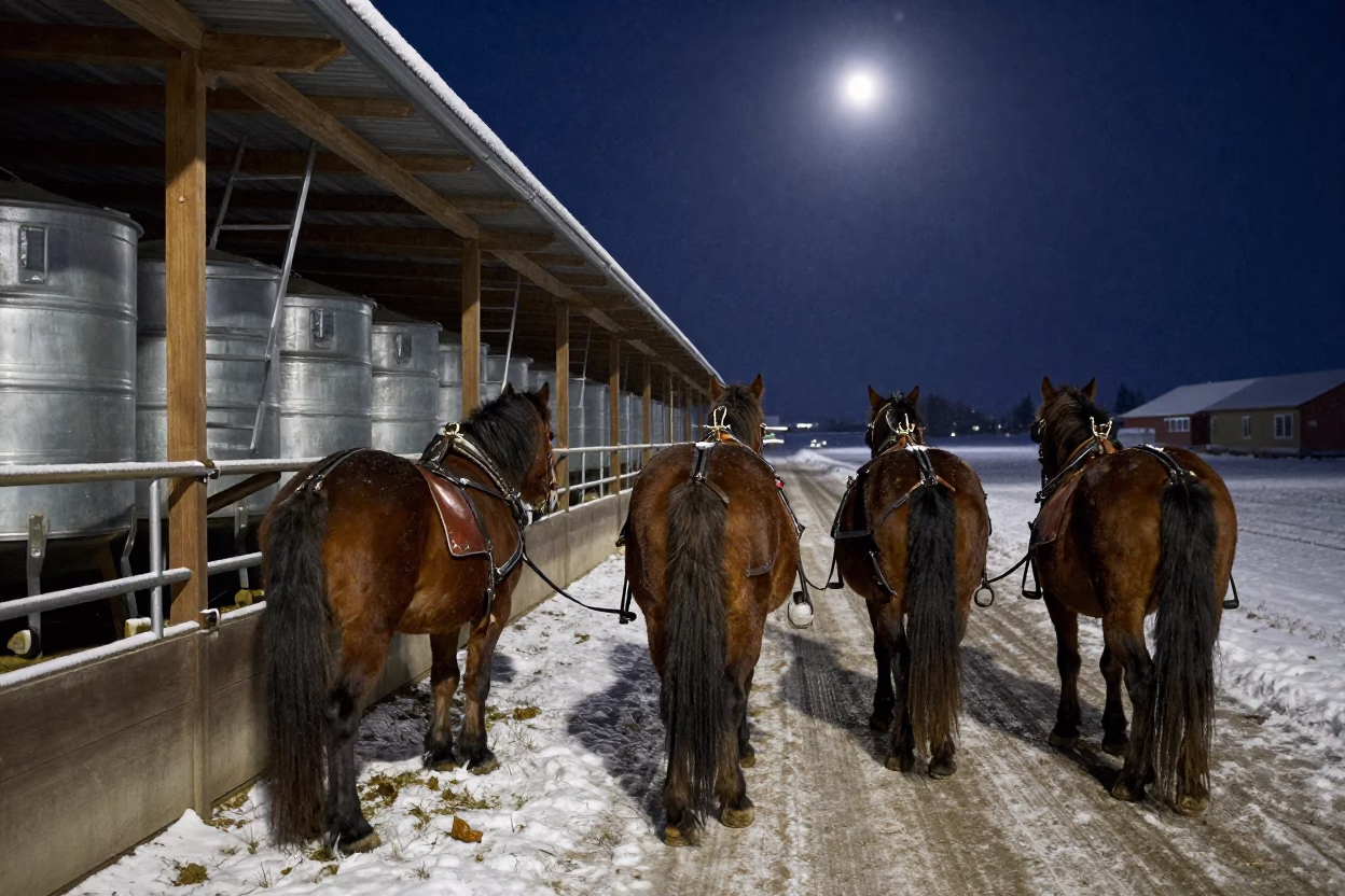 Work Horses in Snow Under Midnight Sun Norway in along a feedlot lane in Norway