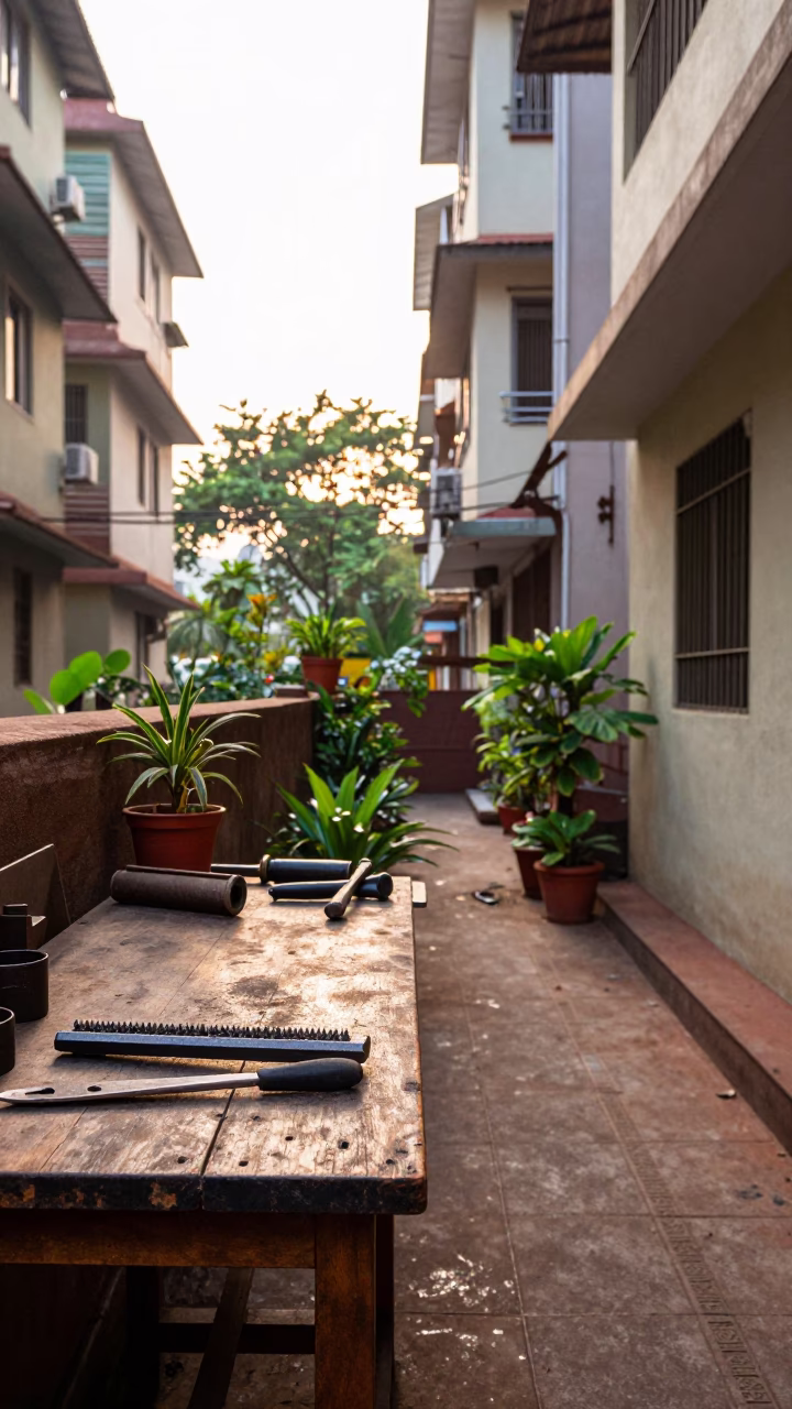 Workbench just after sunrise in Chennai in in Chennai, India