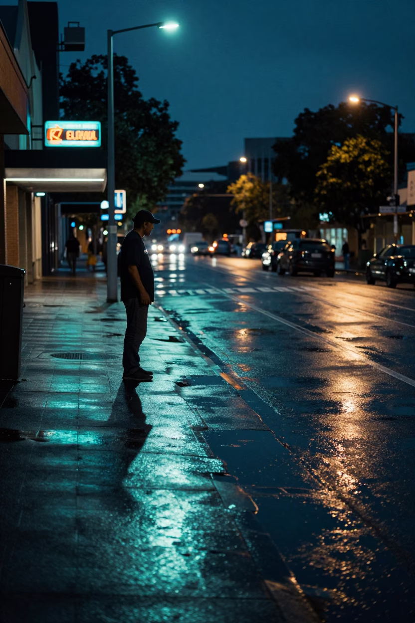 Worker after dark in Adelaide in in Adelaide, South Australia, Australia