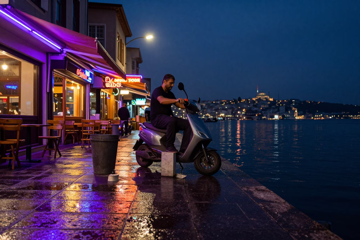 Worker after dark in Istanbul in in Istanbul, Turkey