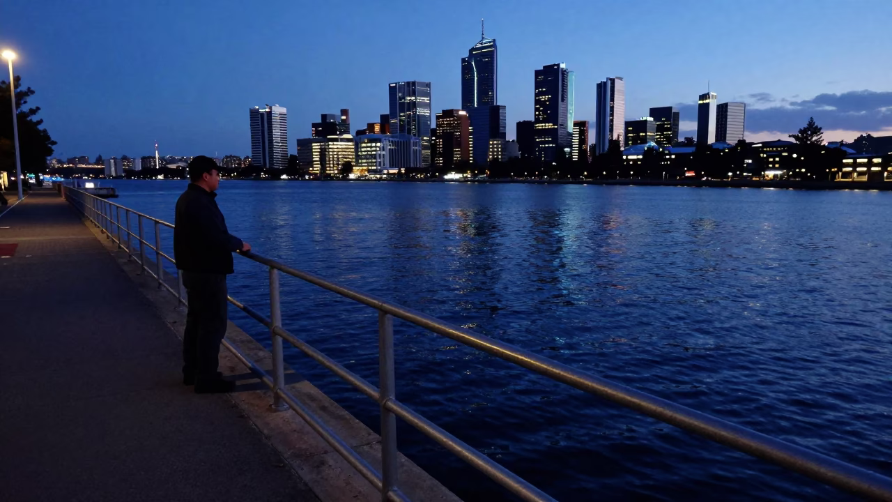 Worker at Blue Hour in in Perth, Western Australia, Australia