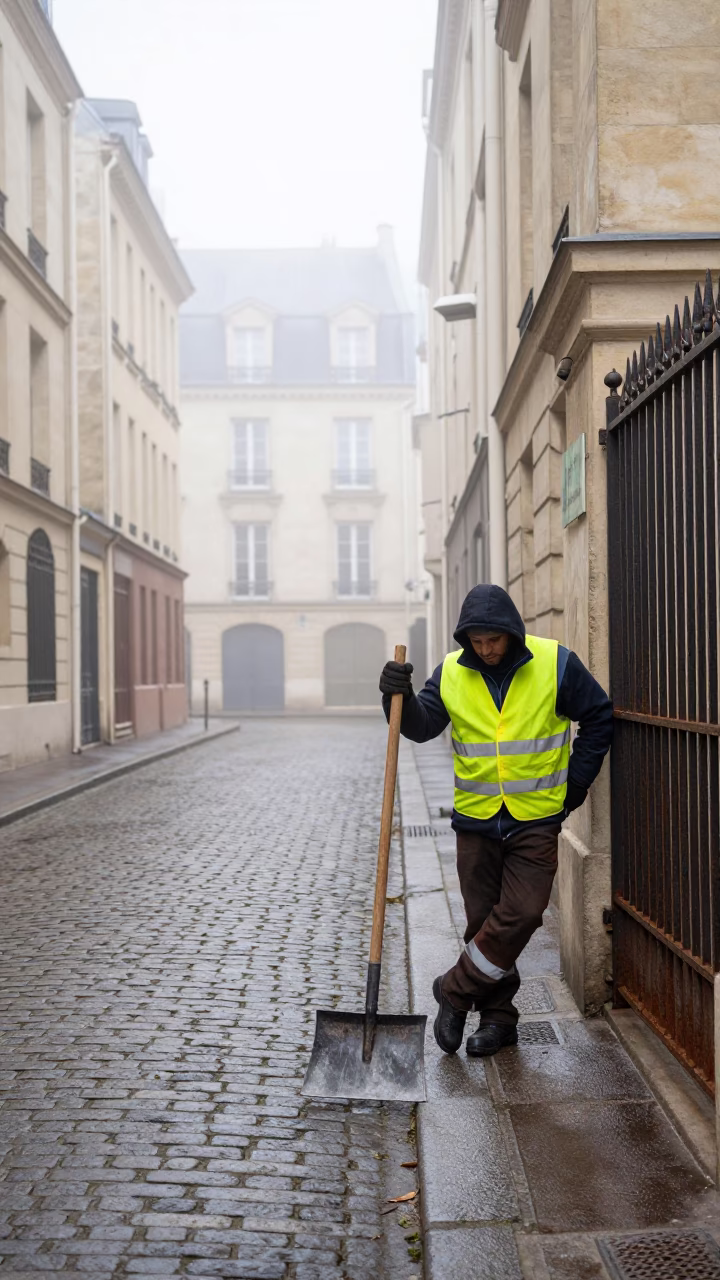 Worker at Dawn Light in Paris in in Paris, France