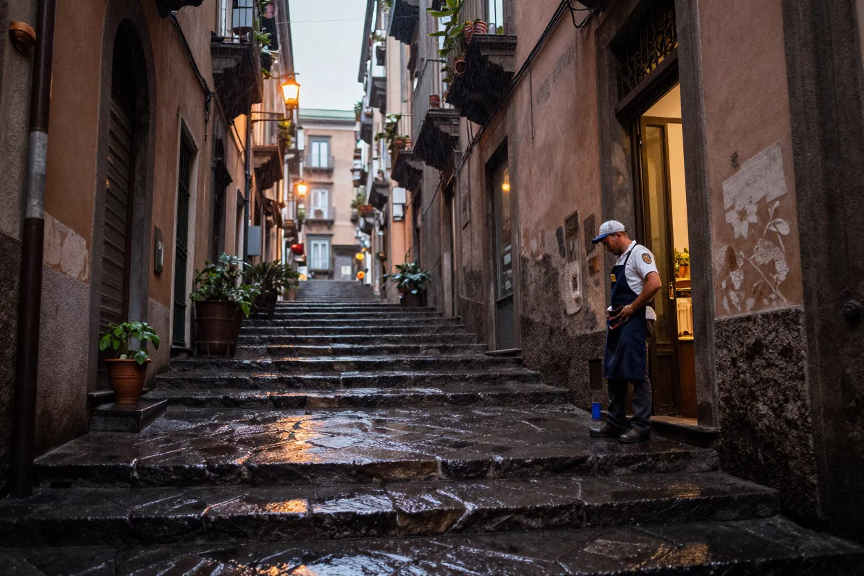 Worker at Dusk Light in Naples in in Naples, Italy