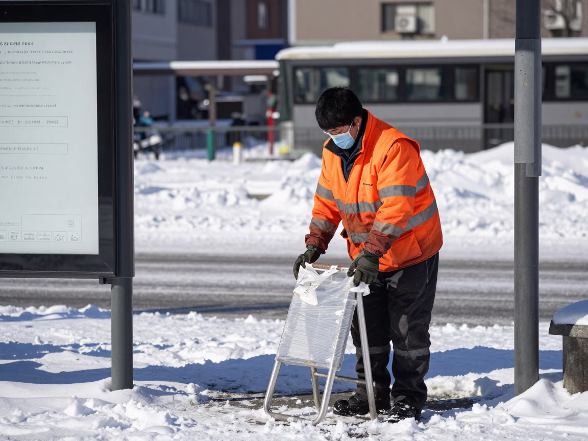 Worker at Noon Light in in Sapporo, Japan