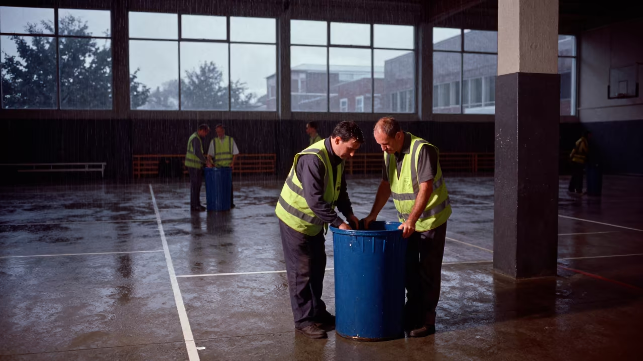 Worker Fixes Dented Bin in Leme Gym in inside a polling station gymnasium in Leme
