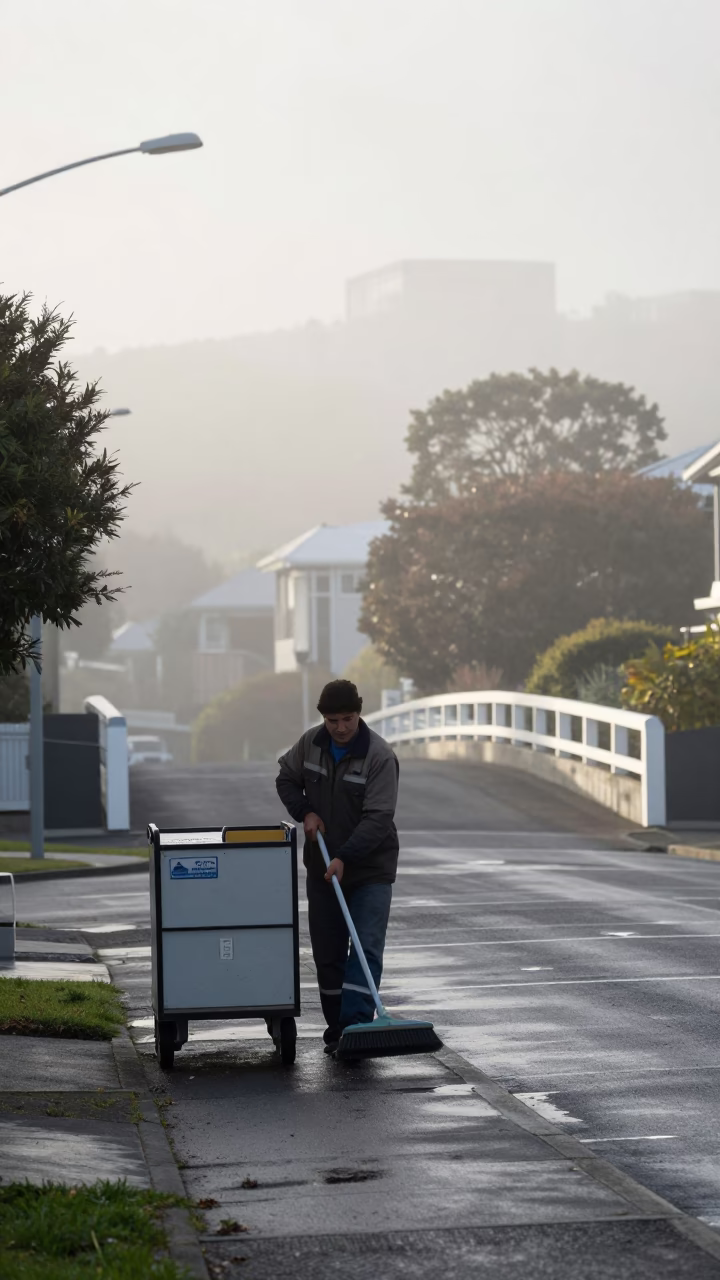 Worker in Christchurch at Dawn Light in in Christchurch, New Zealand