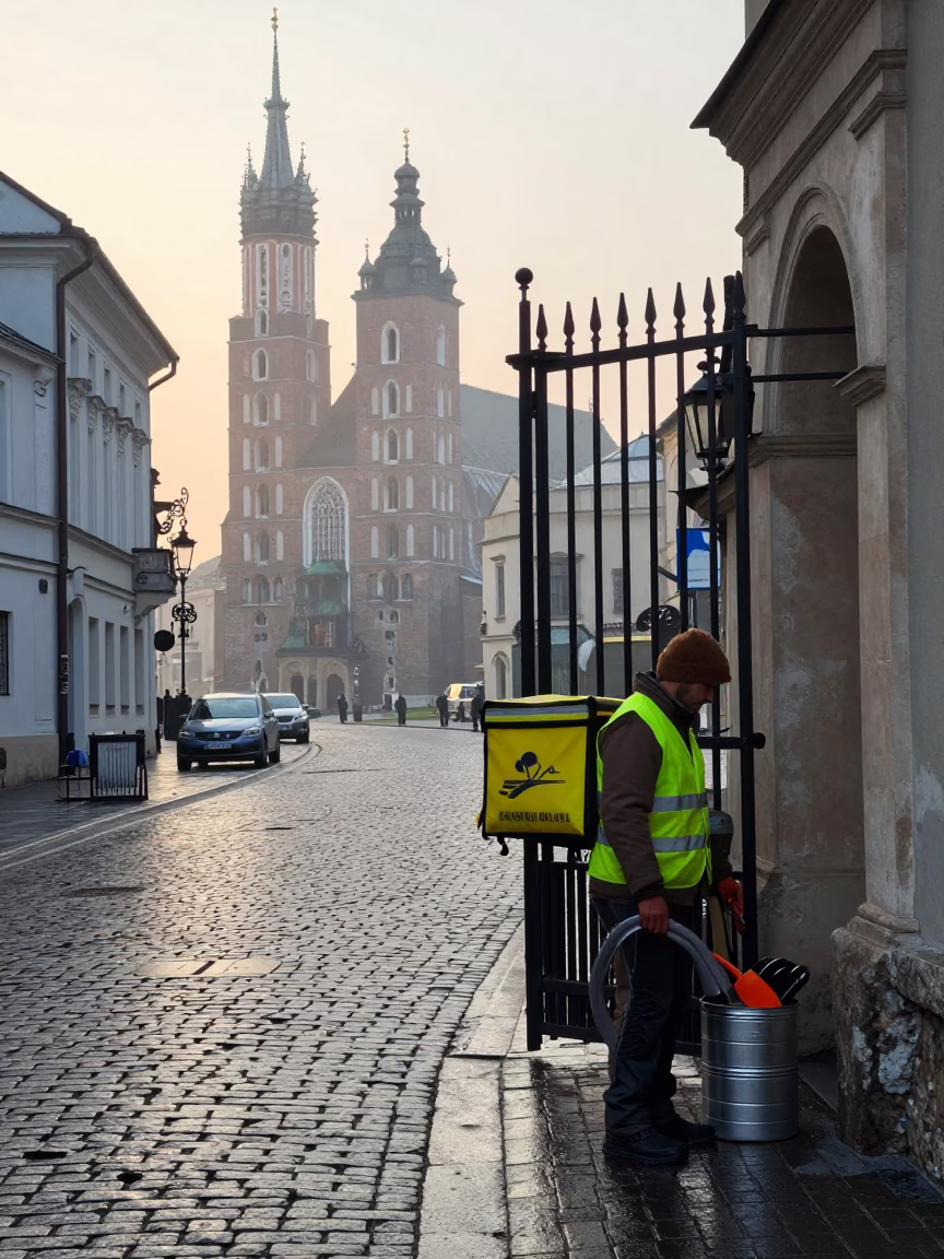 Worker in Krakow at Early Morning Light in in Krakow, Poland