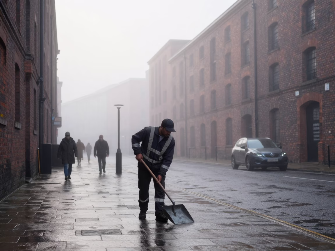 Worker in Liverpool at Dawn Light in in Liverpool, United Kingdom