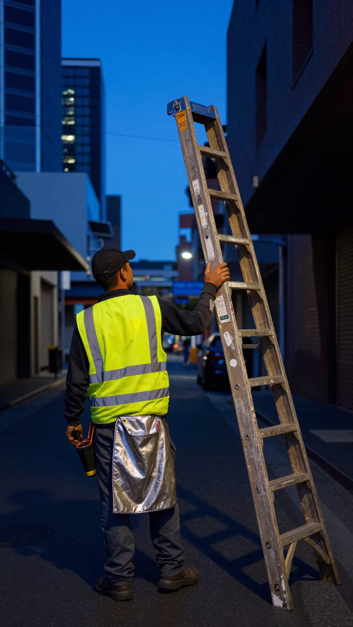 Worker in Melbourne at Blue Hour in in Melbourne, Victoria, Australia