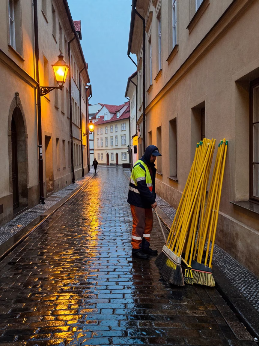 Worker in Prague at Dusk Light in in Prague, Czech Republic