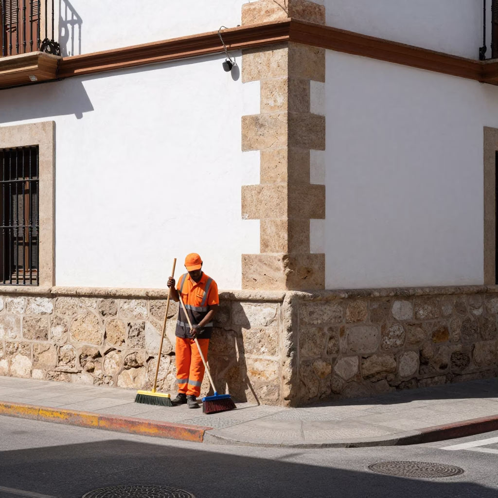 Worker in Valencia at Flat Noon Light in in Valencia, Spain