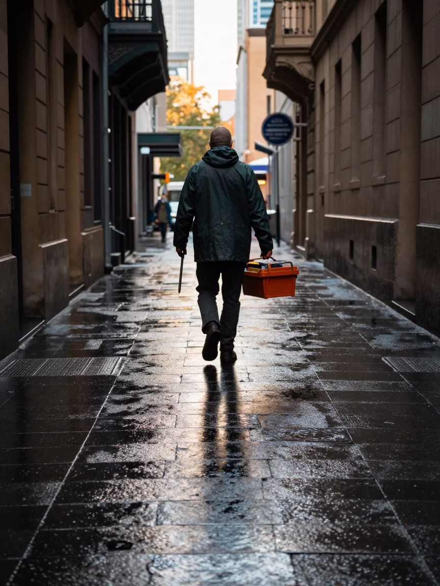 Worker just after sunrise in Melbourne in in Melbourne, Victoria, Australia