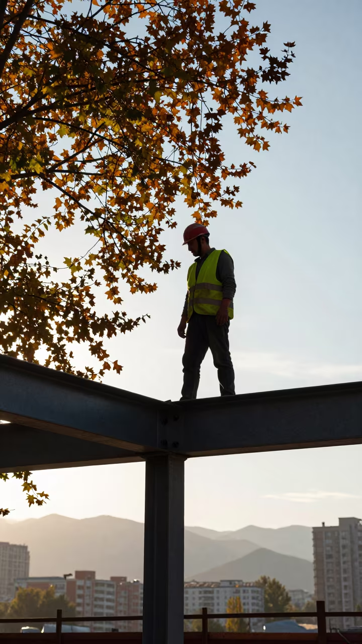 Worker on Steel Beam Late Autumn in near Almaty