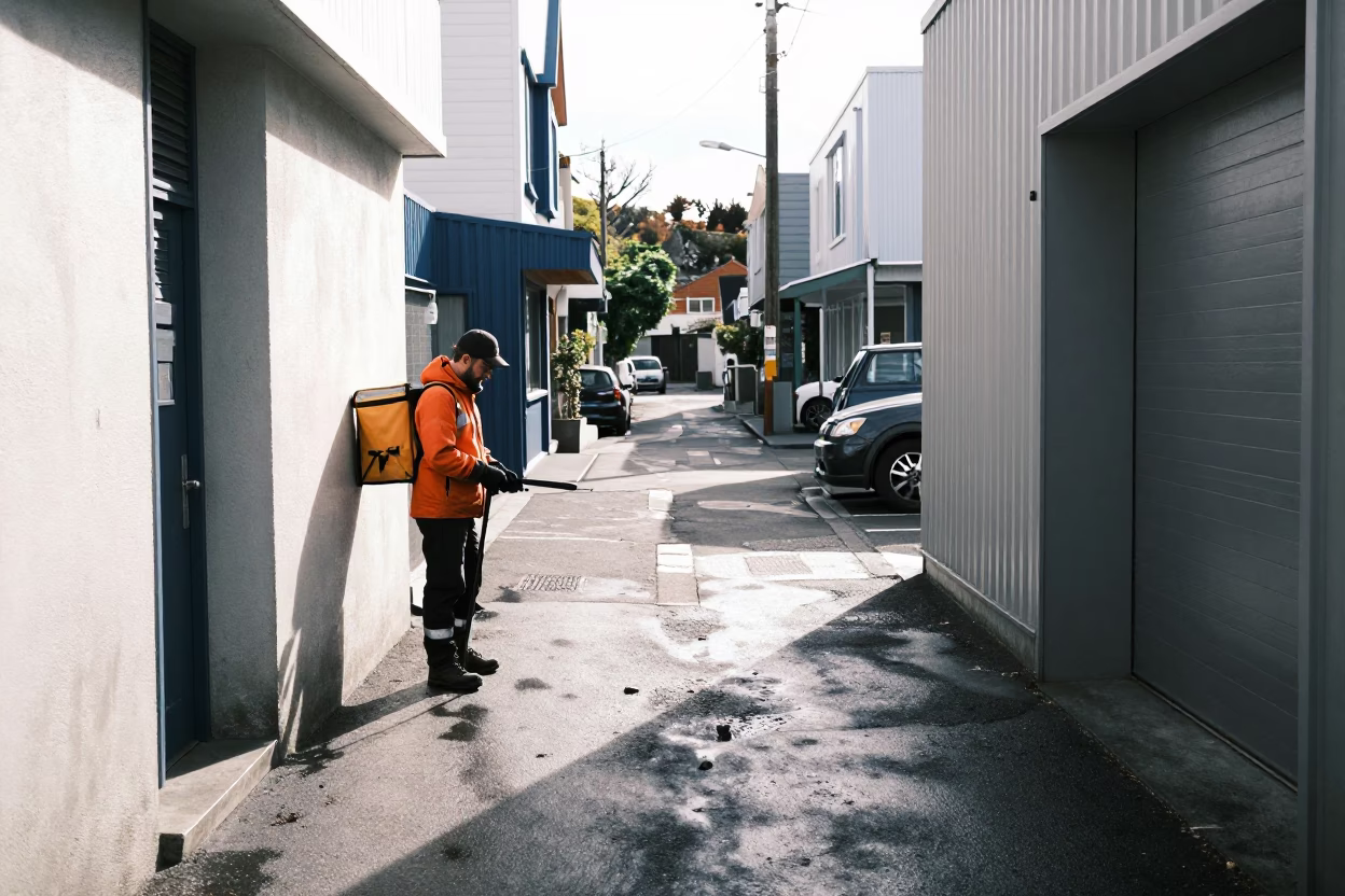 Worker Pausing in Christchurch in in Christchurch, New Zealand