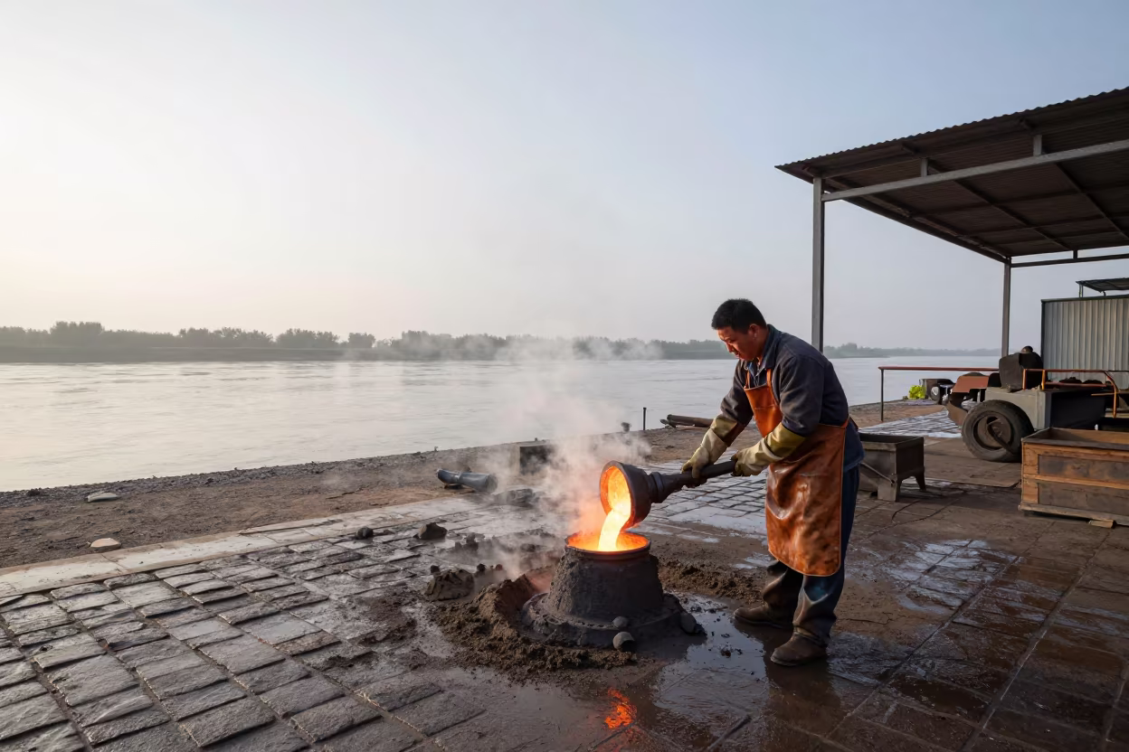 Worker Pours Bronze at Hohhot Riverside Foundry in near a riverside landing in Hohhot