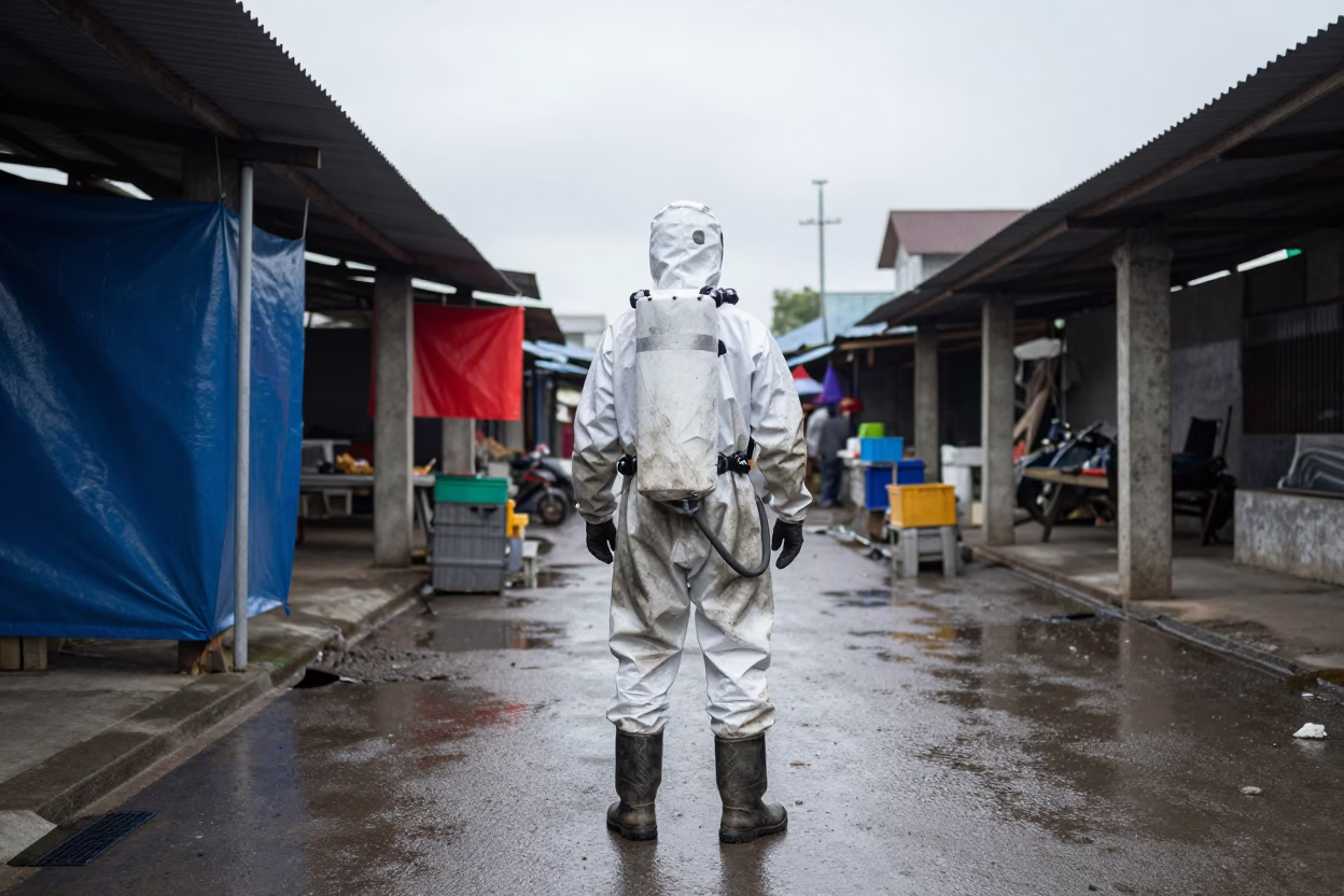 Worker in Pressurized Suit at Hue Market Lane in along a market lane in Hue