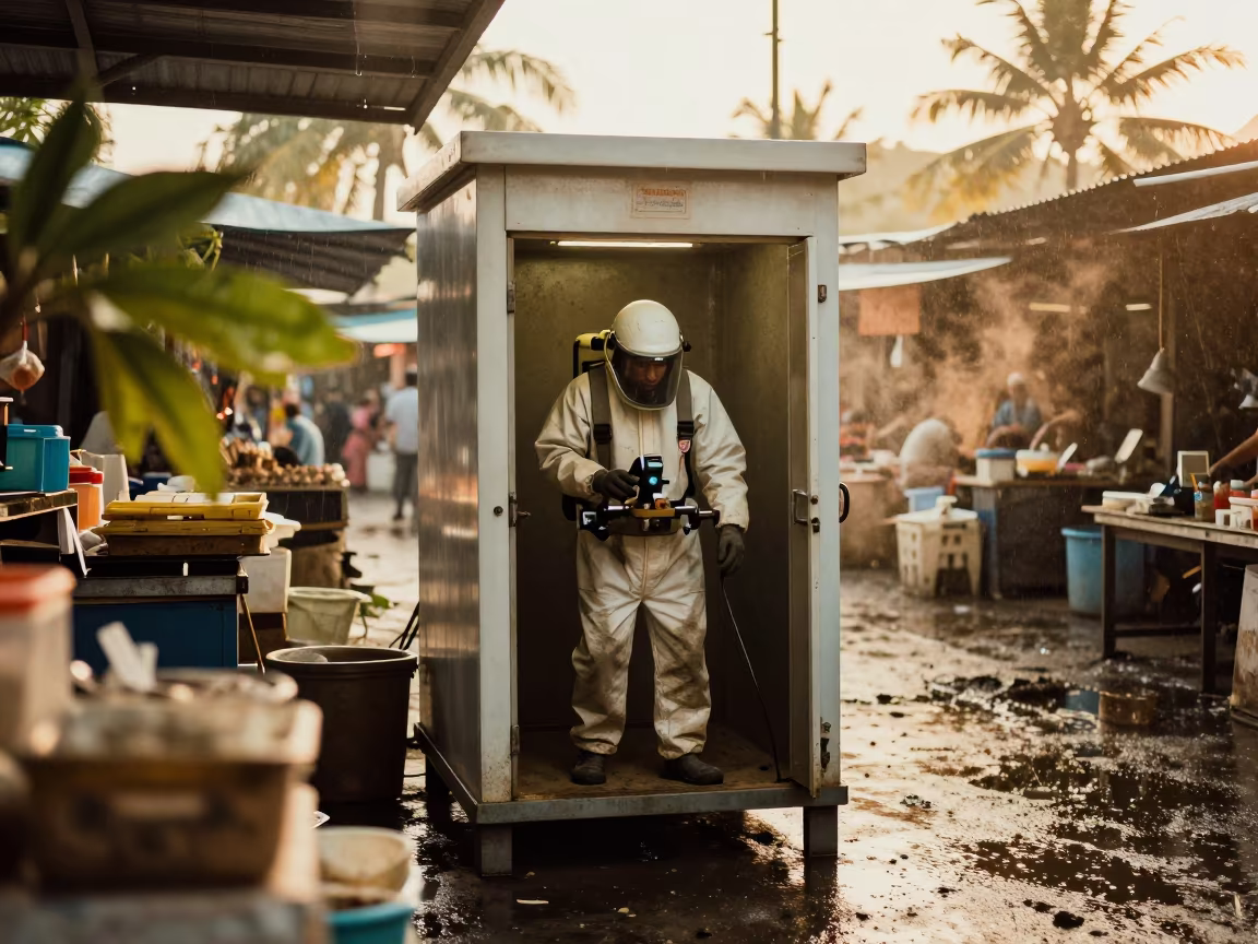 Worker in Pressurized Suit Sandblasting in Bor Market Lane in along a market lane in Bor
