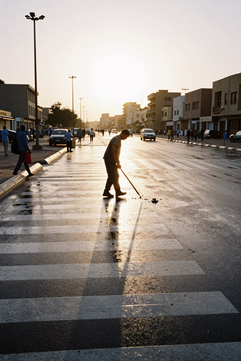 Worker Repainting Crosswalk Lines Omdurman Sunset in in a public square in Omdurman
