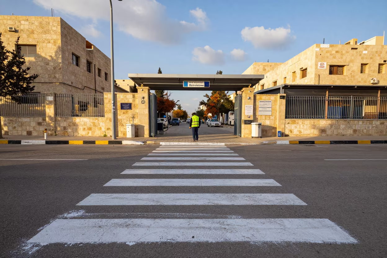 Worker Repainting Crosswalk Near Polling Station in outside a polling station entrance near Beersheba