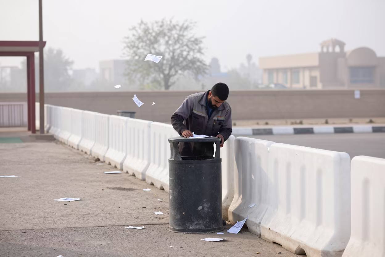 Worker Replaces Dented Trash Can at Ghazni Polling Station in outside a polling station entrance near Ghazni
