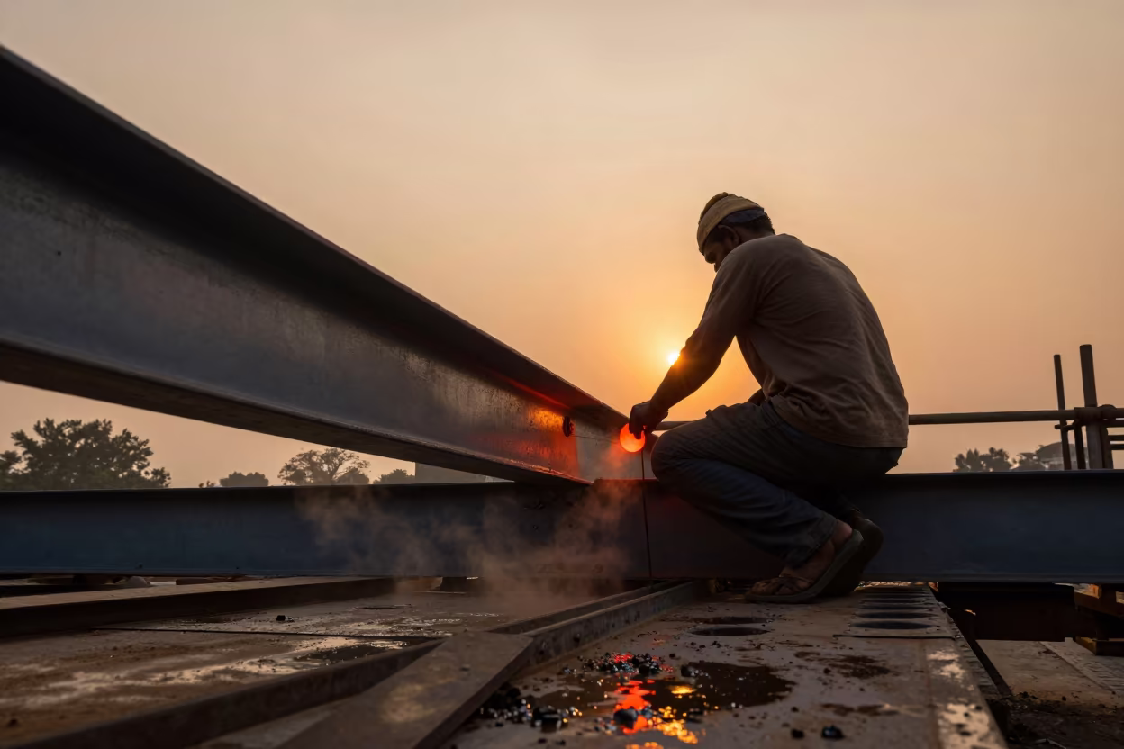 Worker Riveting Steel Beams on Ahmedabad Bridge at Sunset in along a scaffolded facade near Ahmedabad