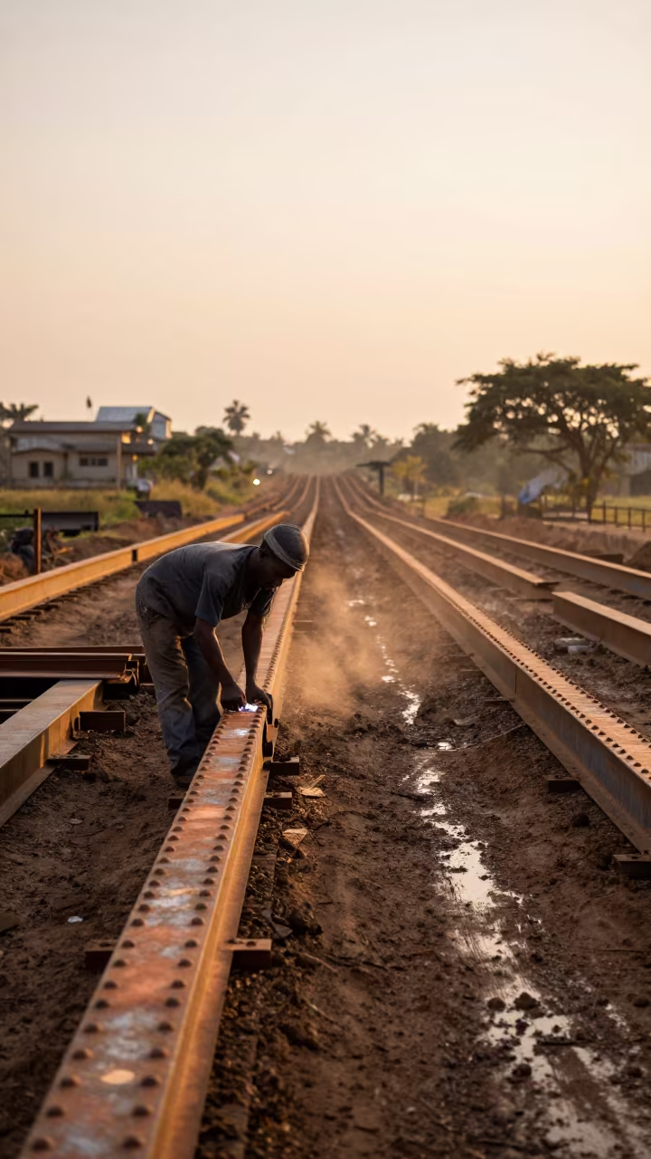 Worker Riveting Steel Beams on CAR Bridge in at a muddy site access road in Central African Republic