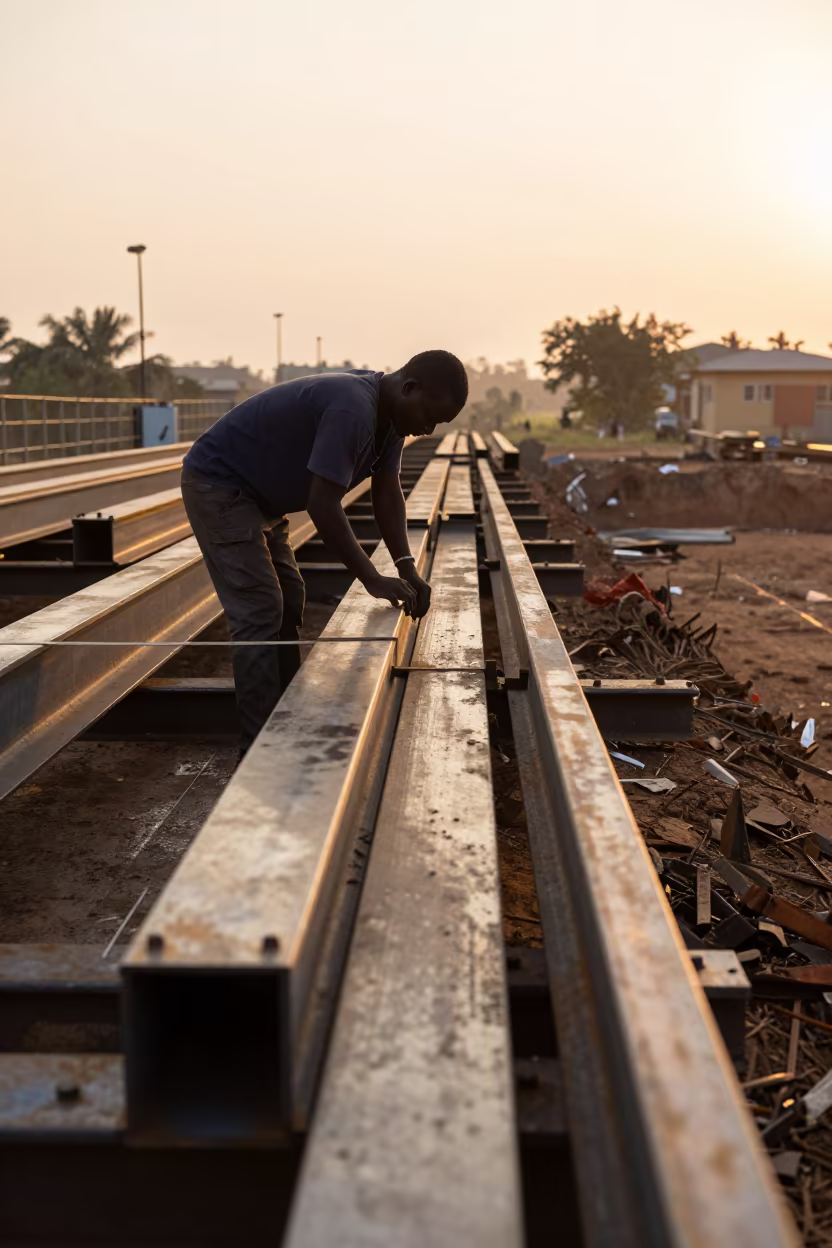 Worker Riveting Steel Beams at Enugu Bridge Site in inside a taped-off excavation edge in Enugu