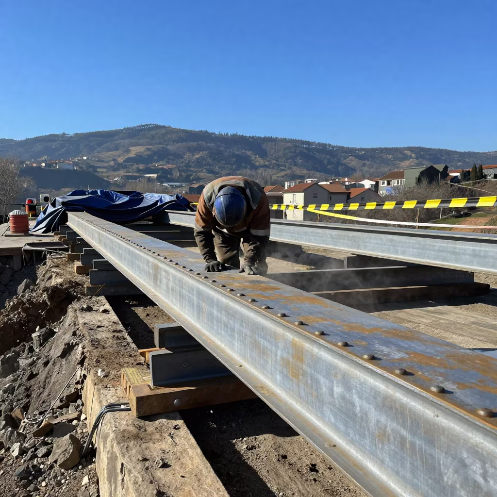 Worker Riveting Steel on Braga Bridge Construction in inside a taped-off excavation edge in Braga