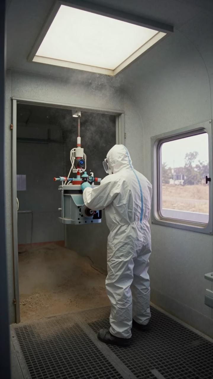 Worker in Sandblasting Suit at Dunedin Chamber in in Dunedin