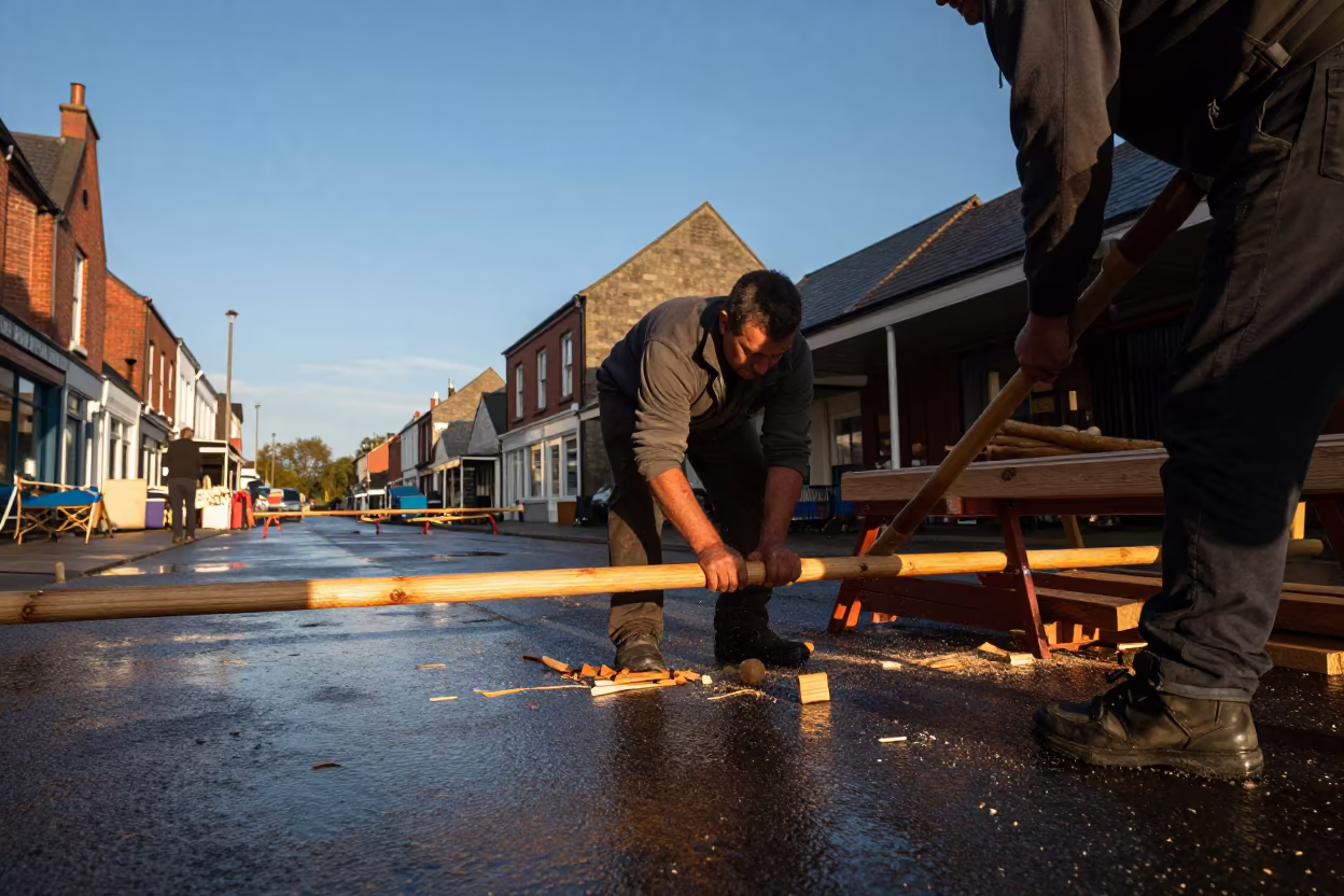 Worker Splits Hazel Rods on Preston Market Lane in along a market lane in Preston