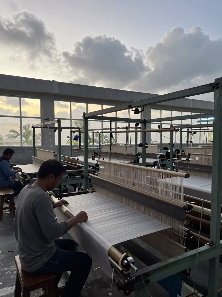 Worker Threaded Massive Loom in Makassar Factory in in a machine shop near Makassar