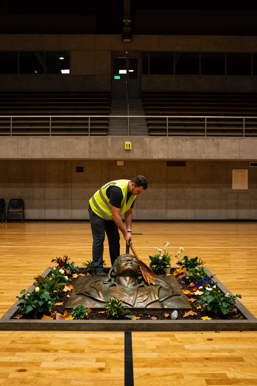 Worker Trimming Bronze Memorial Flower Bed in Gym in inside a polling station gymnasium in Perth