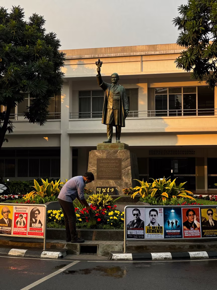 Worker Trimming Flowers at Jakarta War Memorial in in a community center hall in Jakarta