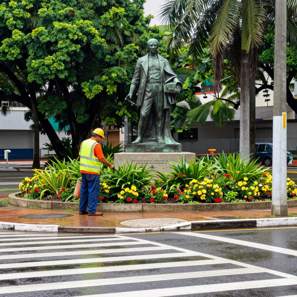 Worker Trimming Flowers at São Paulo Memorial in at a crosswalk by a school gate in São Paulo