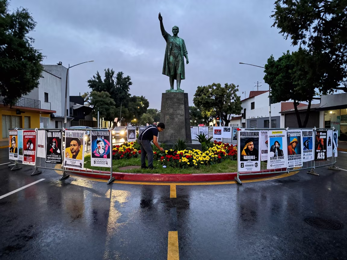 Worker Trims Flowers Under Bronze Memorial at Twilight in along barricaded protest routes in Tijuana