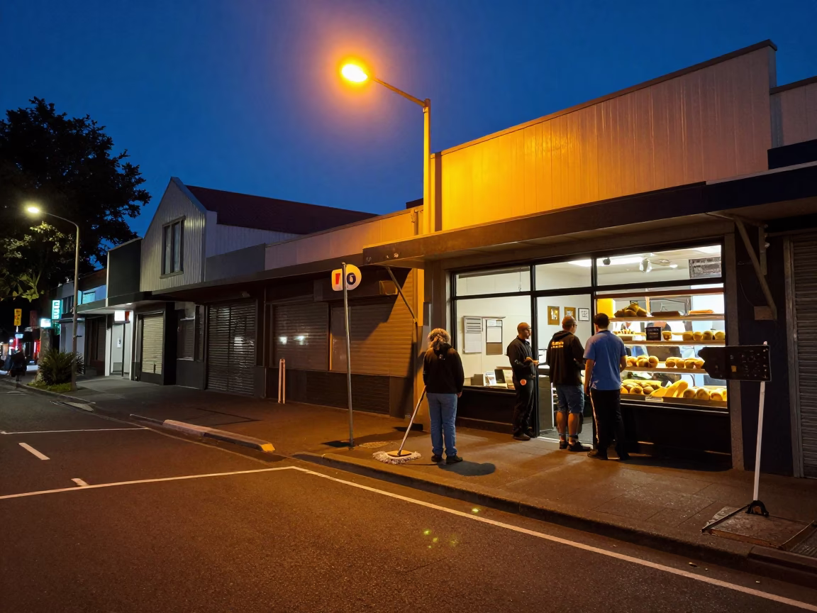 Workers after dark in Christchurch in in Christchurch, New Zealand