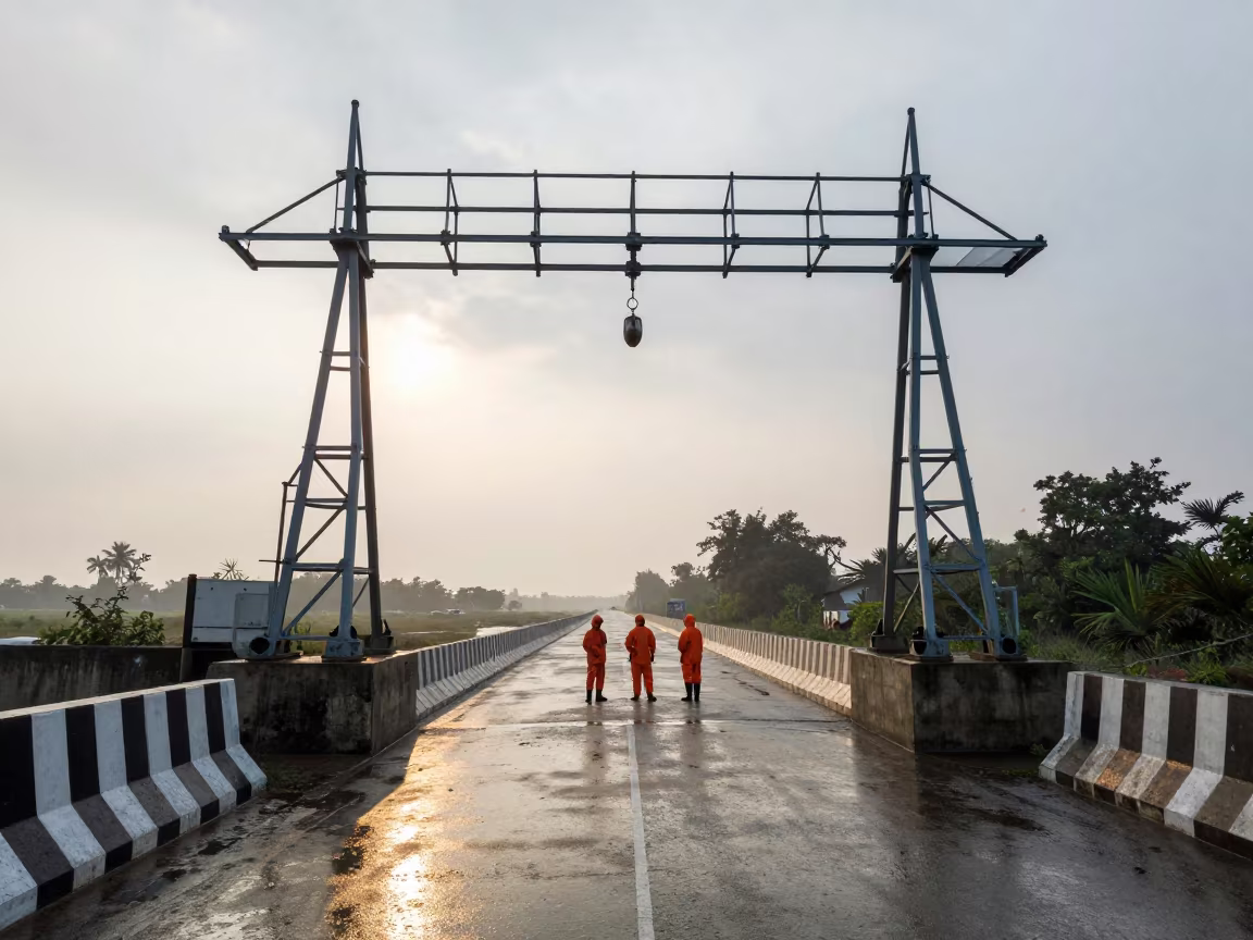Workers Beneath Storm Barrier at Dawn in beside a storm surge barrier near Yavatmal