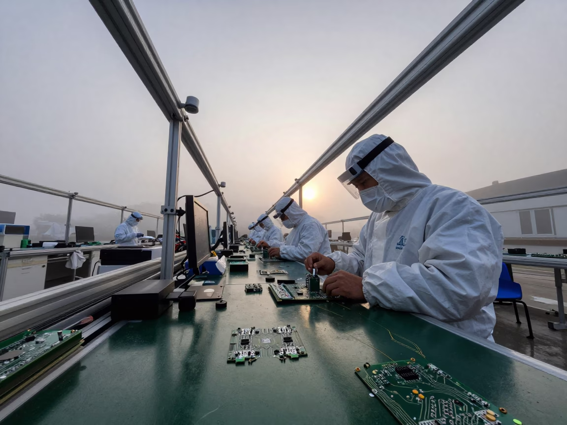 Workers on Circuit Board Line at Dawn in near San Nicolás de los Arroyos